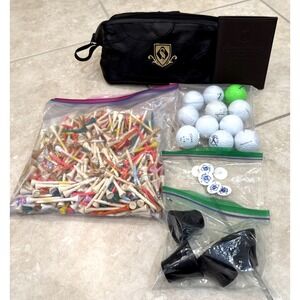 Lot & Bundle Of Golf Tees/ Balls / Toiletry Bag/ Markers/ Divot Tool /Retriever